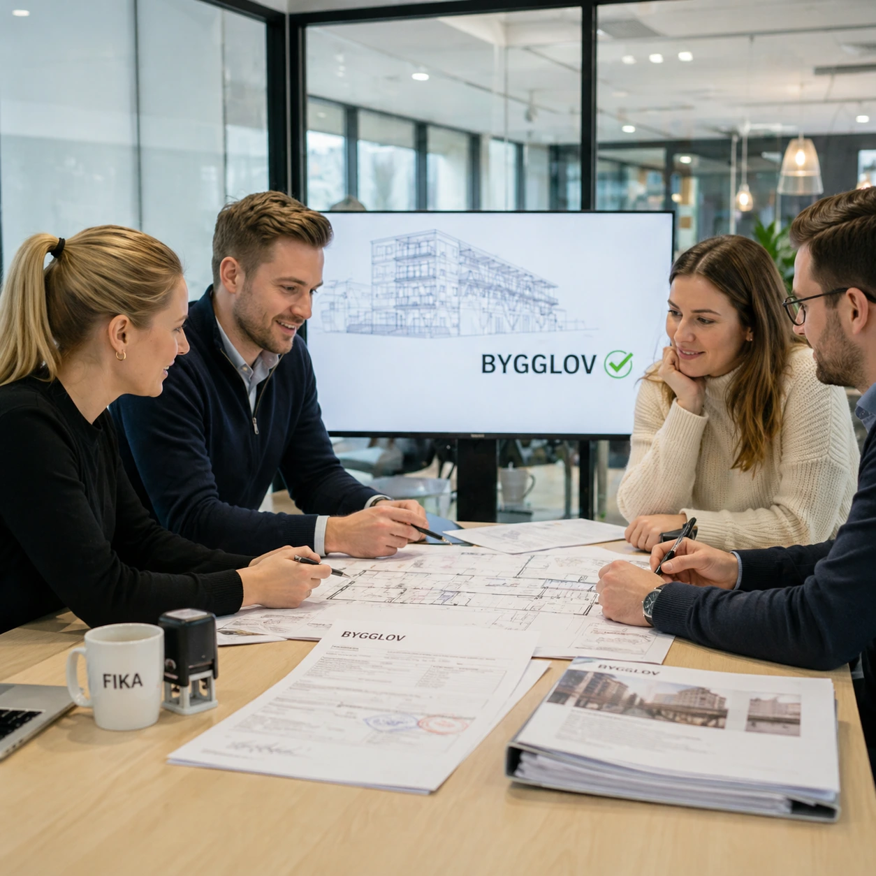 Arkitekt arbetar med bygglovshandlingar och ritningar